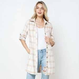 Plaid Button Up Shacket Dress with Roll Up Sleeve Detail